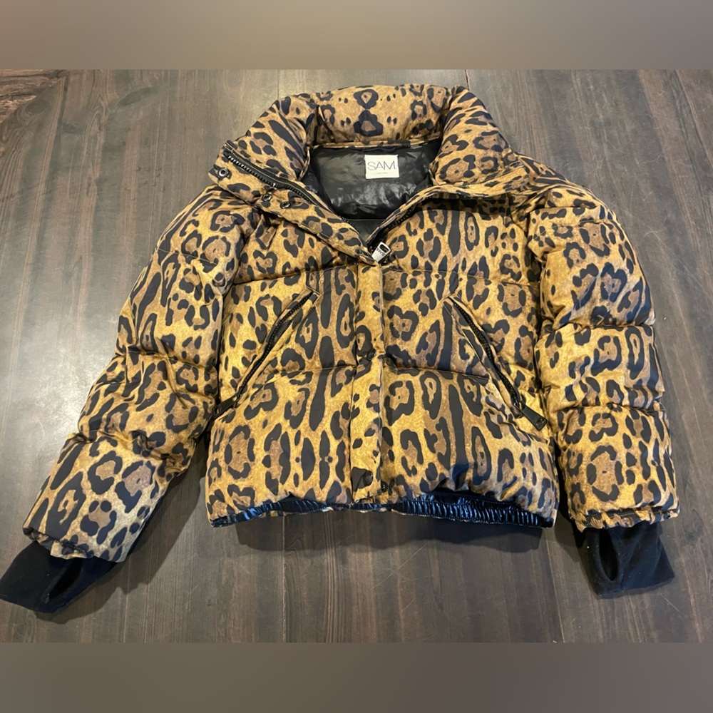 SAM. Elsa Brown Black Leopard Down Puffer Zip Up Jacket Girls Size 14